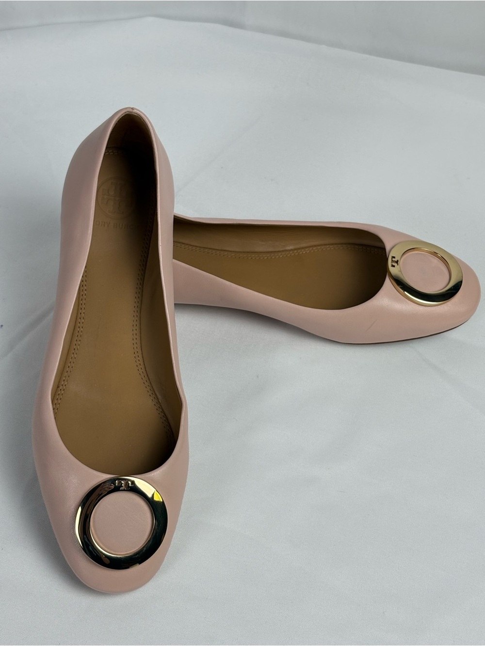 Tory Burch Blush Pink Leather Flats with Gold Circle Accent